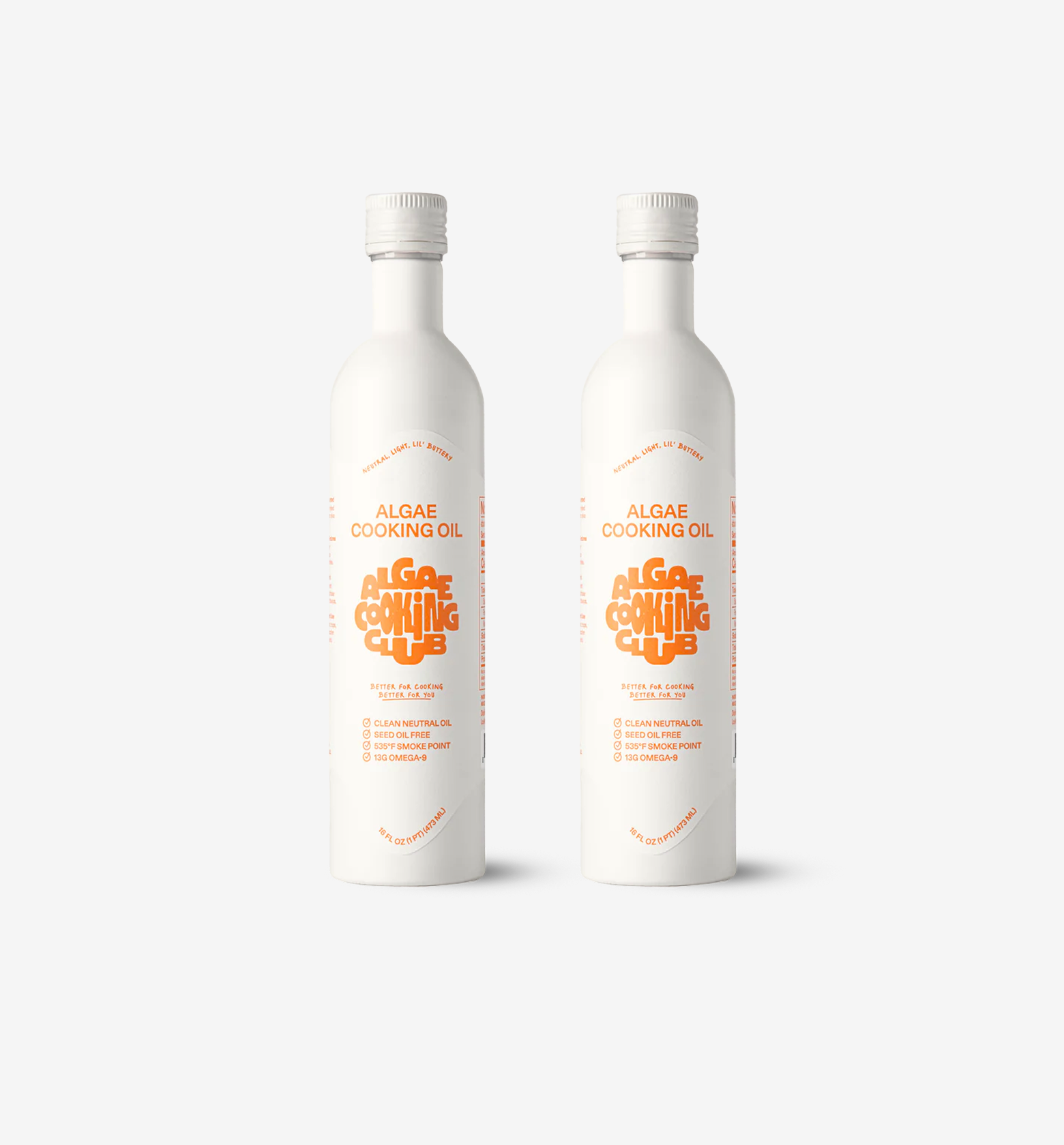 Algae Cooking Club algae cooking oil in white aluminum bottles, seed oil free with 595°F smoke point and 13g Omega-9