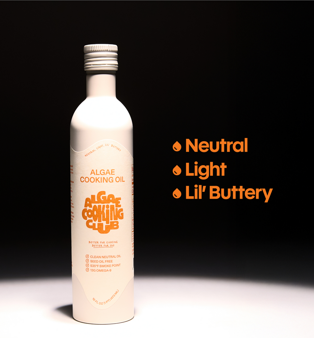 Algae Cooking Club algae cooking oil in white aluminum bottle, seed oil free with 535°F smoke point and 13g Omega-9