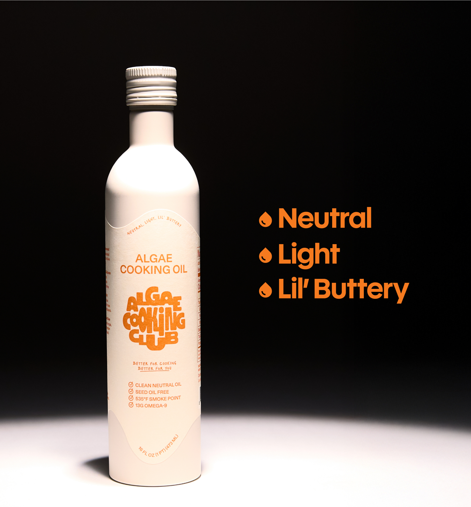 Algae Cooking Club algae cooking oil in white aluminum bottle, seed oil free with 535°F smoke point and 13g Omega-9