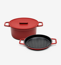 Red cast iron Dutch oven with lid and matching grill pan cookware set